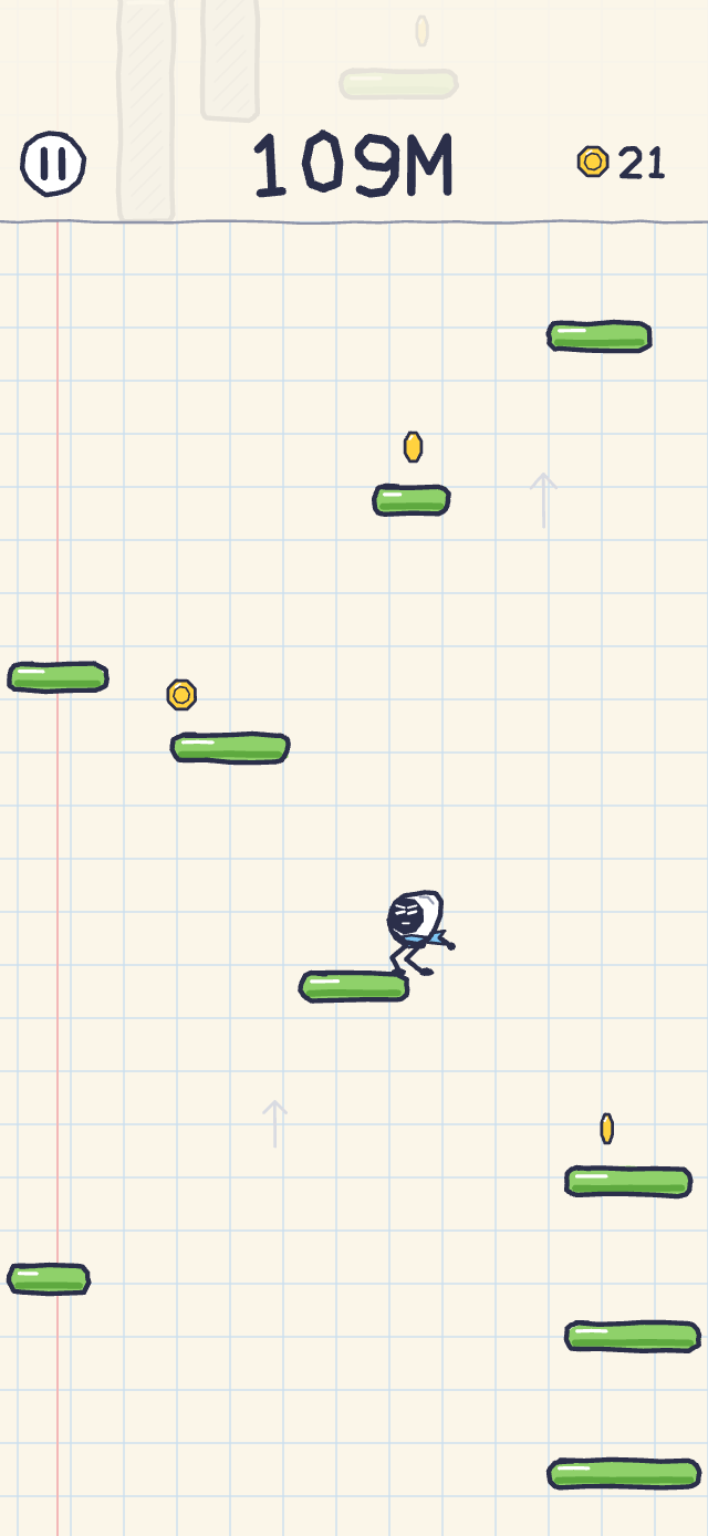 Jump Again! gameplay: a hooded runner climbing hand-drawn platforms on a notebook page